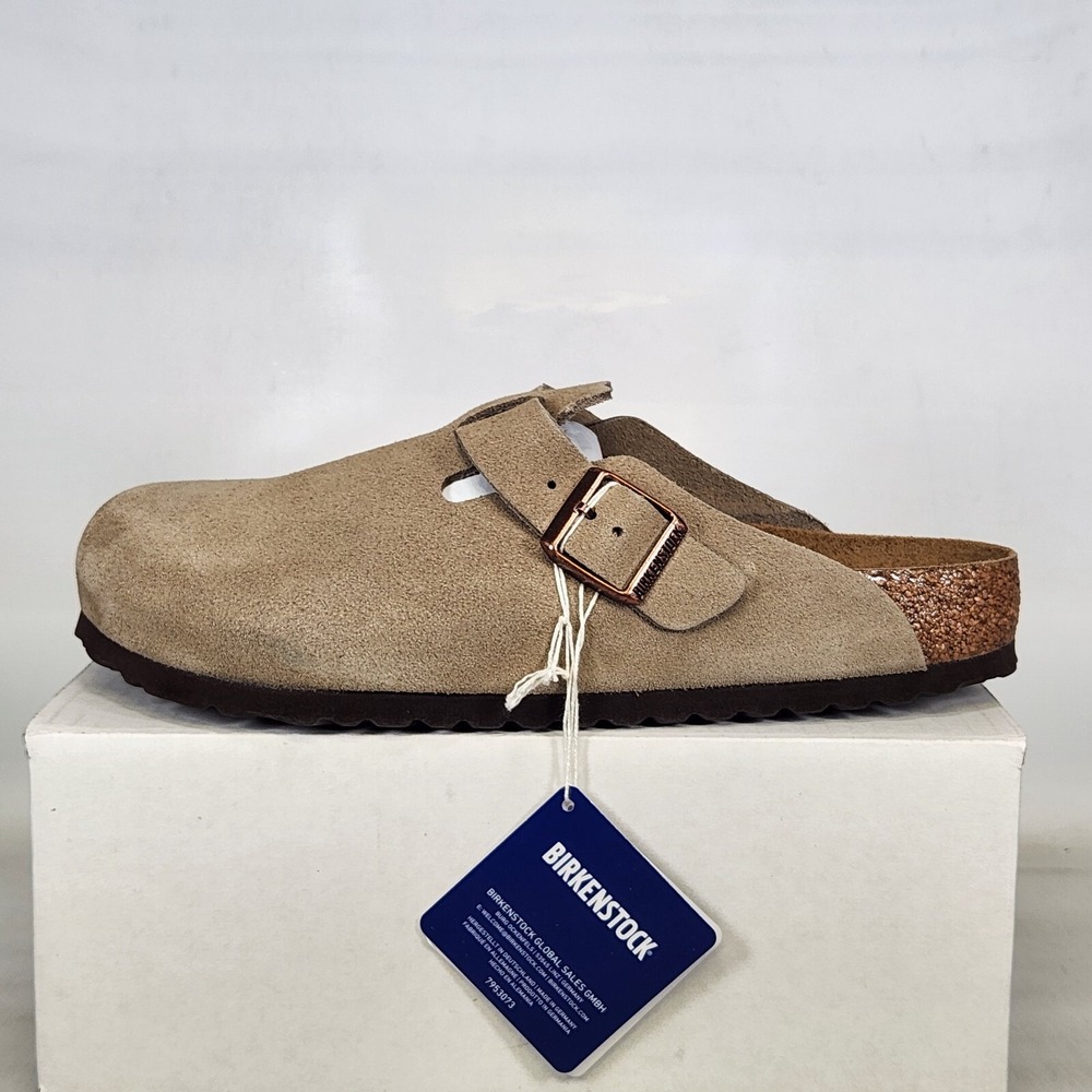 Birkenstock Boston Clogs Women Size 8 NARROW Taupe Suede Soft Footbed Mules